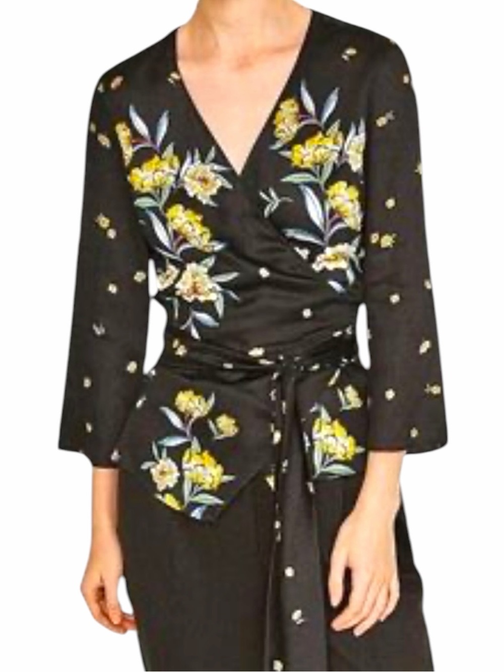 NWT ZARA Wrap Black Floral Blouse Size M